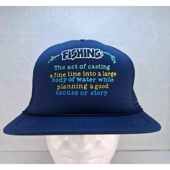 Vintage Funny Fishing Trucker Hat Cap Mesh Snapback Navy-Definition Of Fishing - Picture 1 of 8